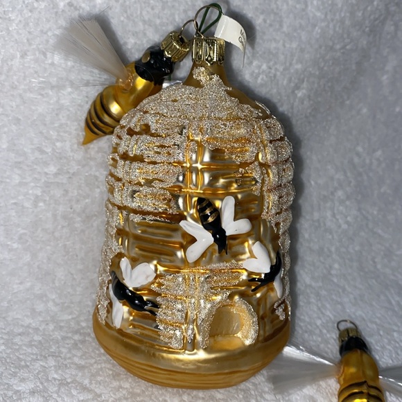 HONEY BEE & BEEHIVE HAND BLOWN GLASS SPUN 2 PC CHRISTMAS TREE ORNAMENT GERMANY - Picture 2 of 5